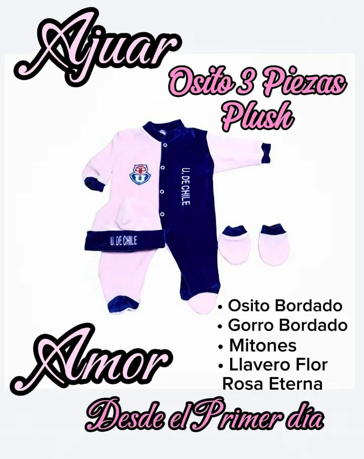 OSITO PLUSH 3 PIEZAS PERSONALIZADO U. DE CHILE NIÑA 3-6 MESES